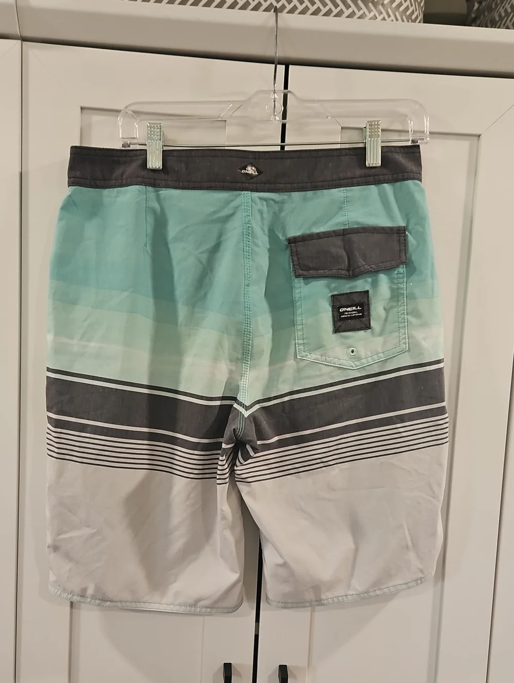 O'Neill Men's Mint Green, Gray & White Striped Board Shorts Size 32.